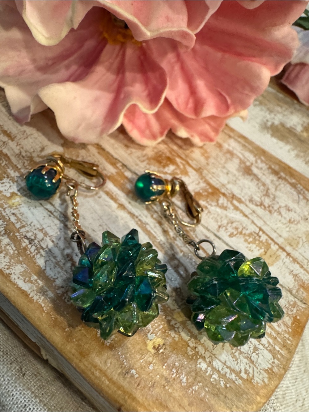 Estate Teal and Lime Crystal Cluster Drop Earrings